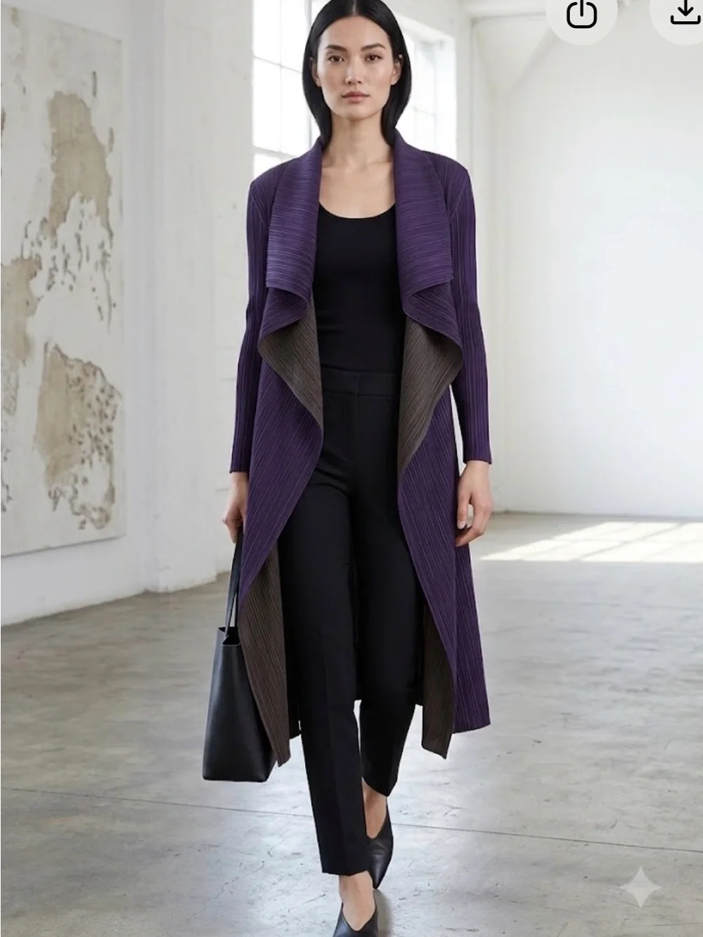 Plisse Pleated Long Cardigan Purple Charcoal Draped Open Front Jacket Reversible